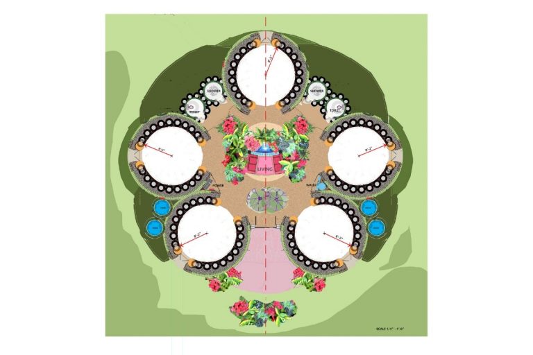 Village plan with five round pods around a central courtyard garden