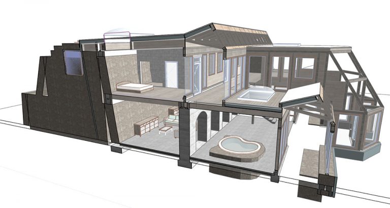 3D cutaway model of an Earthship design showing rooms, walls and greenhouse