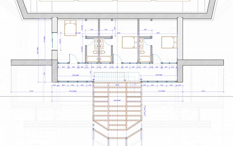 Earthship floor plan with bedrooms, greenhouse corridor and dimension lines