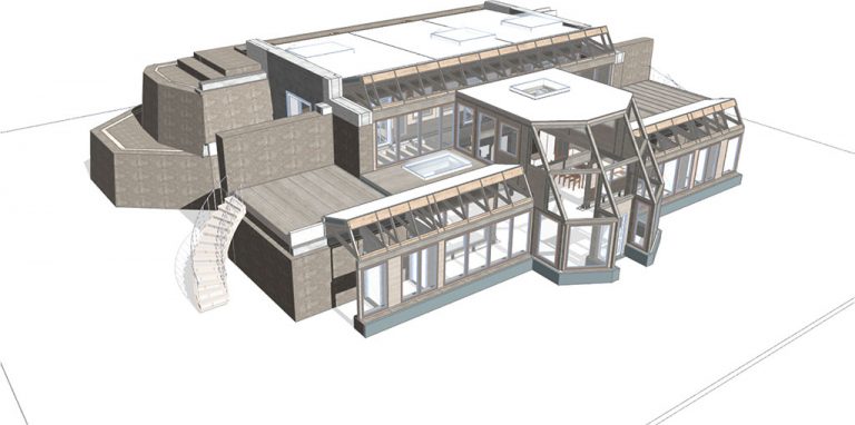 3D model of an Earthship design with sloped greenhouse glazing and stepped roofs