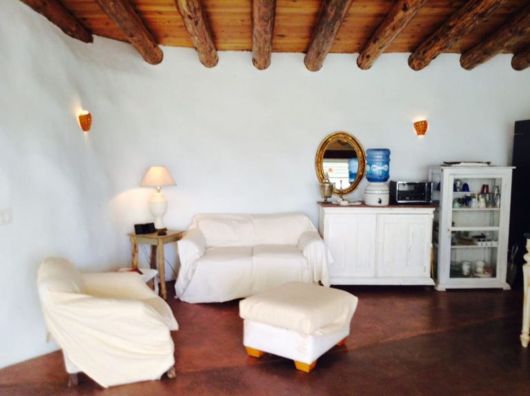 Living room with a viga ceiling in the Todos Santos Earthship