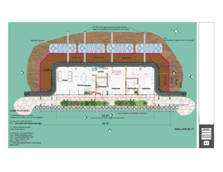 Floor plan with earth berm, greenhouse and rooms