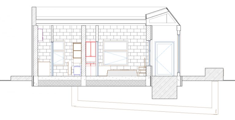 Building section drawing of an ADU showing the interior layout and foundation