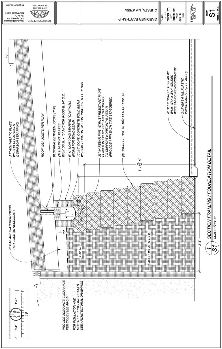 Construction detail of a rammed-tire wall and footing