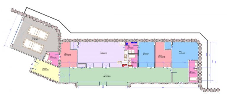 Four-bedroom off-grid floor plan with garage