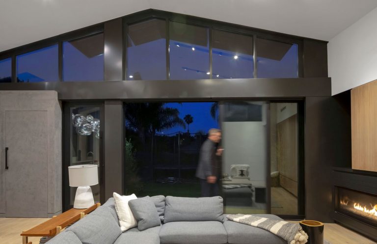 Morningside Remodel great room under a gabled clerestory