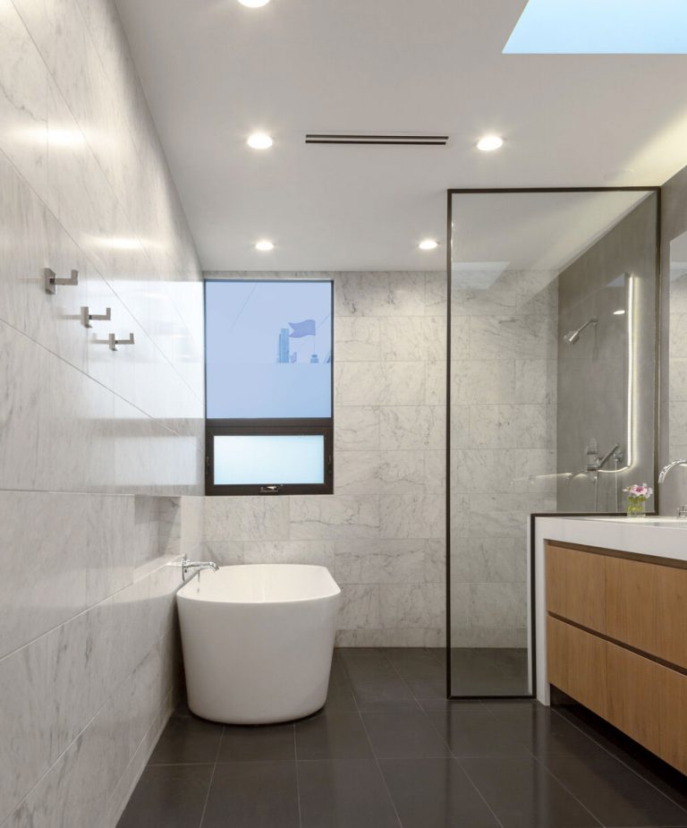 Morningside Remodel bathroom with freestanding tub and skylight