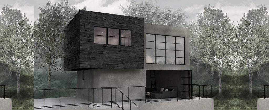 Rendering of the Sierra Alta ADU: a dark-clad upper volume over a glazed lower level