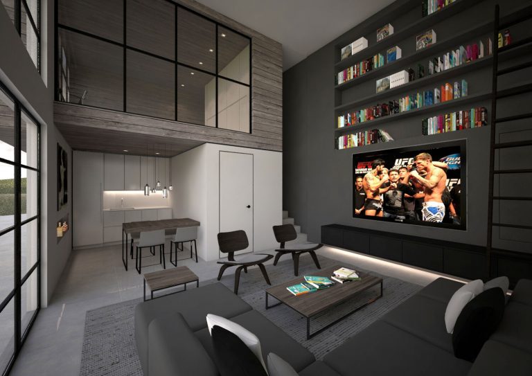 Sierra Alta ADU rendering: double-height living room with loft and bookshelves