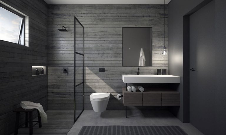 Sierra Alta ADU bathroom rendering with dark tile and walk-in shower