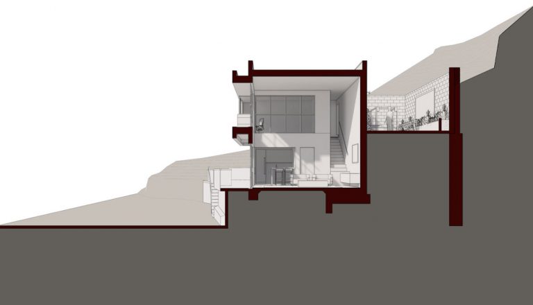 Sierra Alta ADU section drawing showing the unit terraced into the hillside