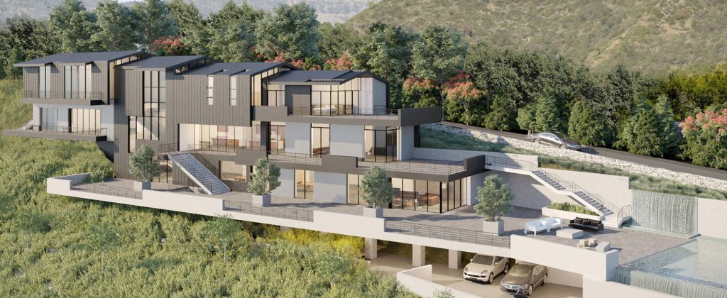 Rendering of the Nimes Private Residence stepping down a wooded hillside