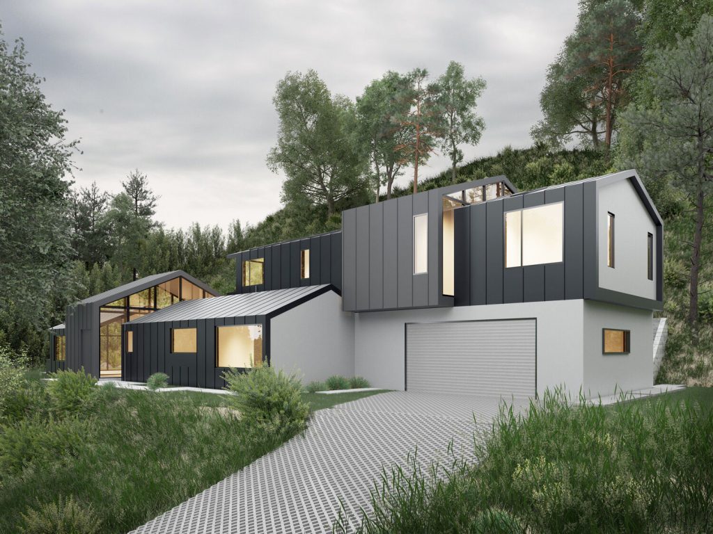 Harlesden Court rendering: dark-clad gabled home stepping down a wooded hillside