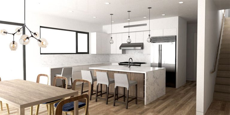 Harlesden Court kitchen rendering with marble island and pendant lights