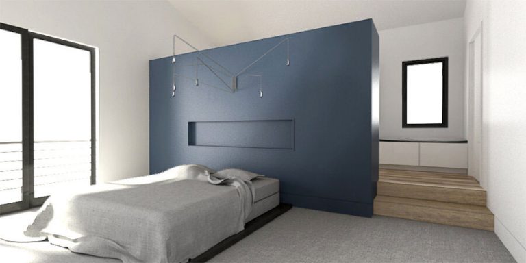 Harlesden Court bedroom rendering with a blue feature wall