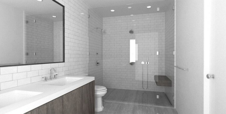 Harlesden Court bathroom rendering with subway tile and walk-in shower