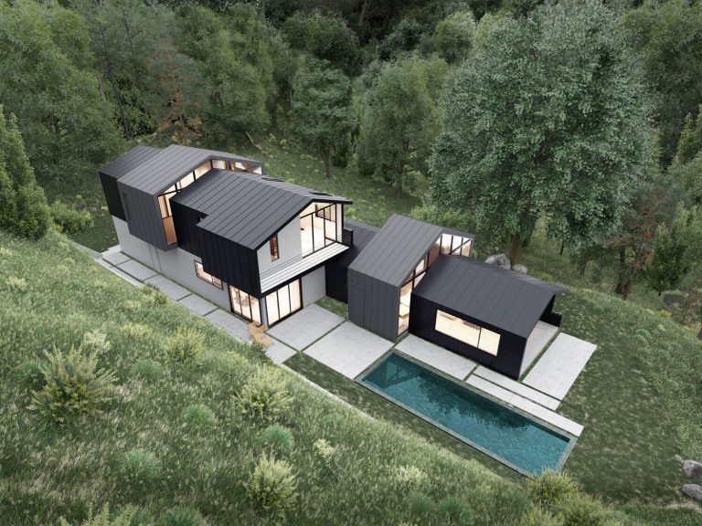 Aerial rendering of Harlesden Court with a pool on a wooded hillside