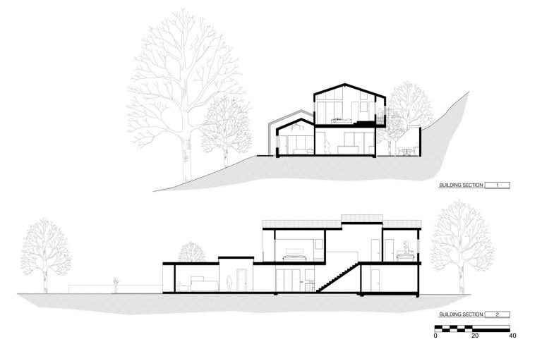 Harlesden Court building sections showing the house cut into the hillside