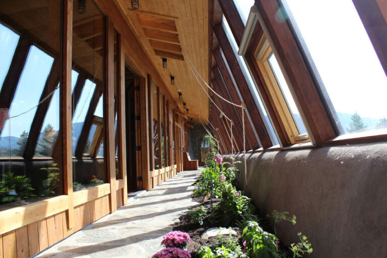 Planted greenhouse corridor under angled wood-framed glazing