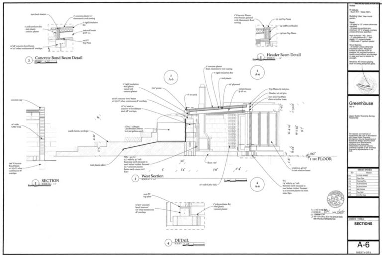 Architectural permit drawing sheet with wall sections and construction details