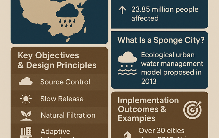 Sponge city infographic showing China’s water crisis, key design principles, national goals, and global environmental benefits.