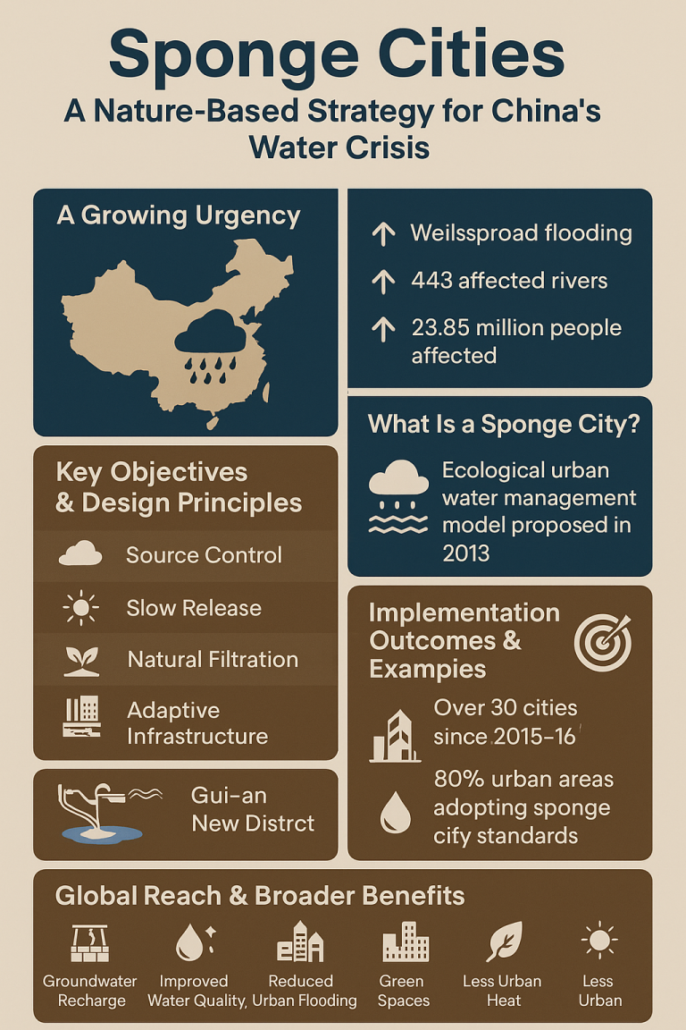 Sponge city infographic showing China’s water crisis, key design principles, national goals, and global environmental benefits.